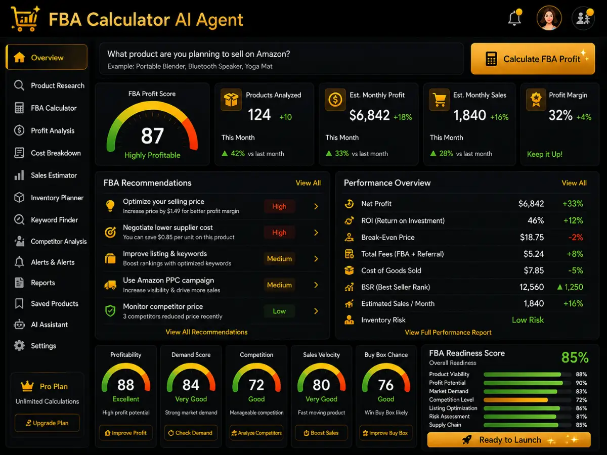 fbacalculator.app AI FBA calculator app — seller profit dashboard preview